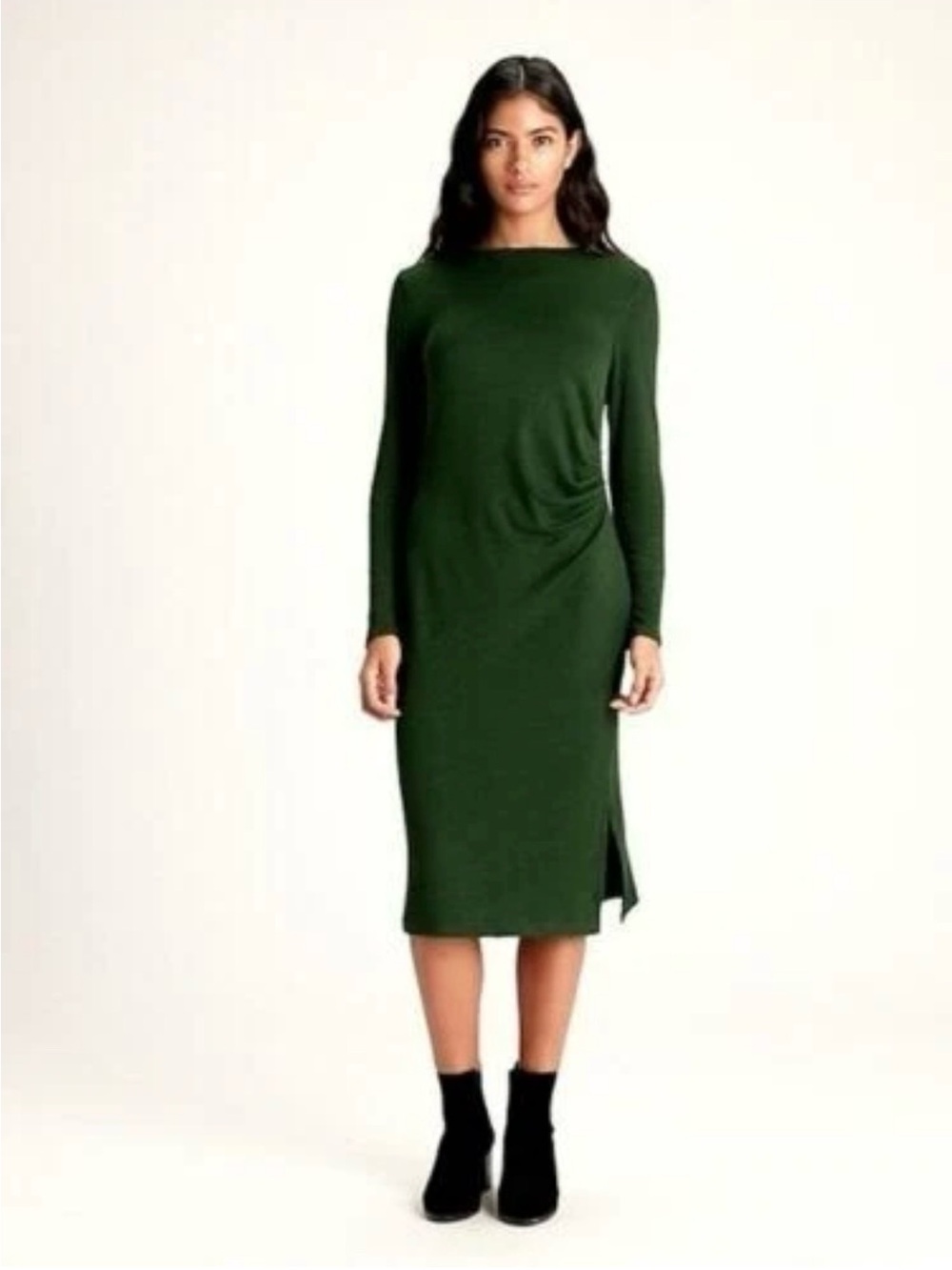 Banana Republic Women’s Luxespun Side Ruched Midi Dress Green Long Sleeve Sz S